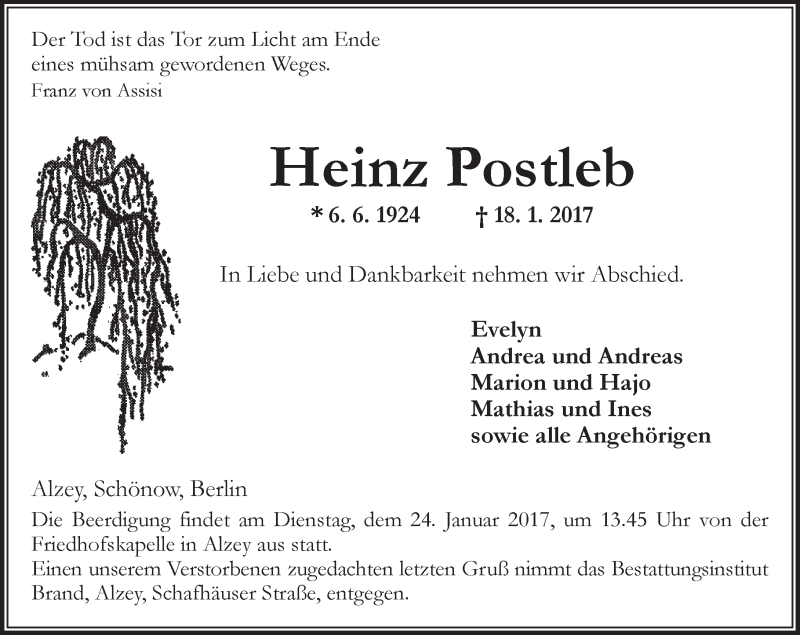  Traueranzeige für Heinz Postleb vom 21.01.2017 aus Trauerportal Rhein Main Presse
