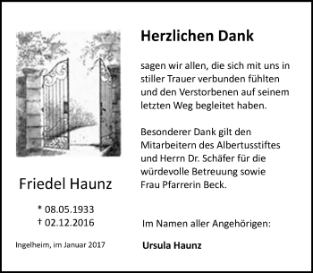 Traueranzeige von Friedel Haunz von Trauerportal Rhein Main Presse