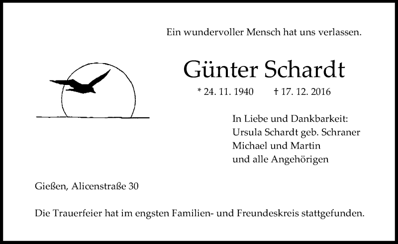  Traueranzeige für Günter Schardt vom 09.01.2017 aus  Gießener Anzeiger