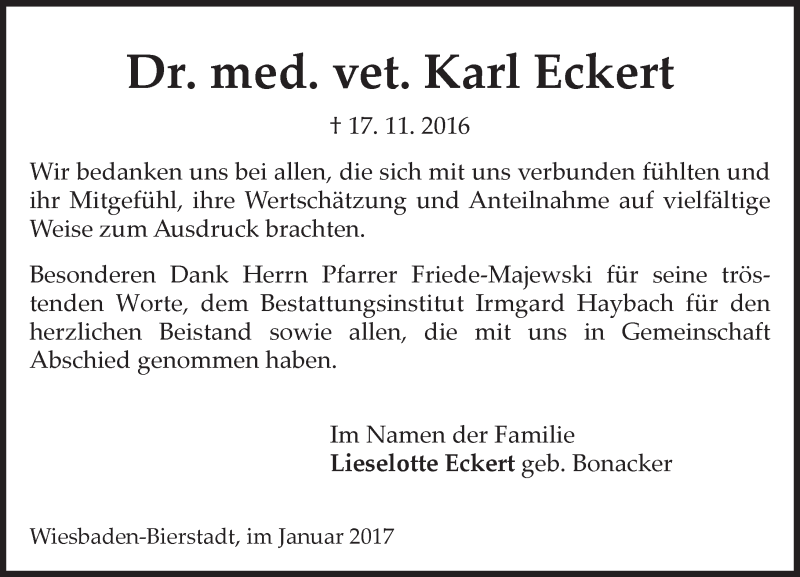  Traueranzeige für Karl Eckert vom 14.01.2017 aus Trauerportal Rhein Main Presse