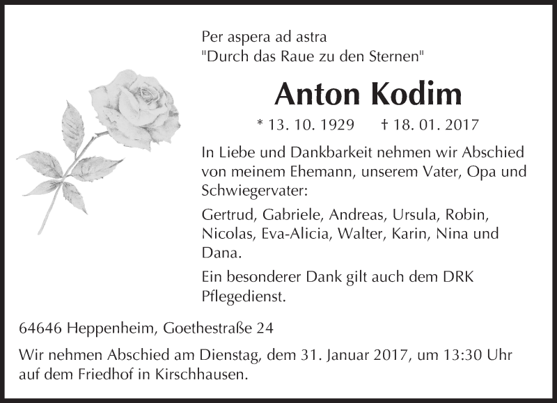  Traueranzeige für Anton Kodim vom 27.01.2017 aus Trauerportal Echo Online