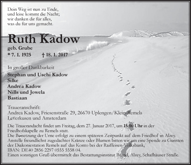  Traueranzeige für Ruth Kadow vom 21.01.2017 aus Trauerportal Rhein Main Presse