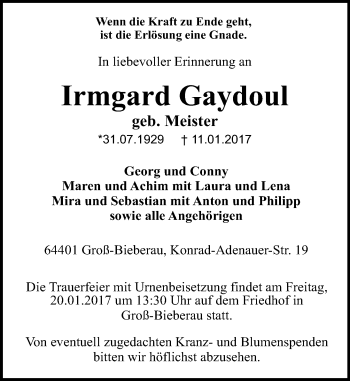 Traueranzeige von Irmgard Gaydoul von Trauerportal Echo Online