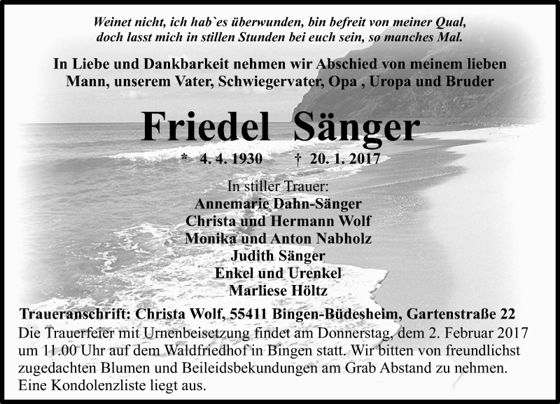  Traueranzeige für Friedel Sänger vom 28.01.2017 aus Trauerportal Rhein Main Presse