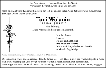 Traueranzeige von Toni Wolanin von Trauerportal Rhein Main Presse