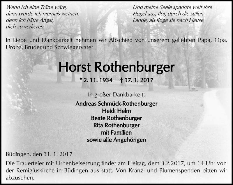  Traueranzeige für Horst Rothenburger vom 31.01.2017 aus  Kreisanzeiger