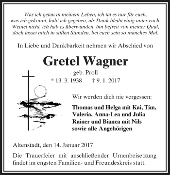 Traueranzeige von Gretel Wagner von  Kreisanzeiger