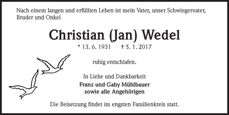  Traueranzeige für Christian Wedel vom 07.01.2017 aus Trauerportal Rhein Main Presse