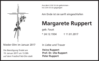 Traueranzeige von Margarete Ruppert von Trauerportal Rhein Main Presse