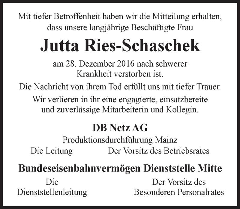  Traueranzeige für Jutta Ries-Schaschek vom 07.01.2017 aus Trauerportal Rhein Main Presse