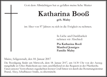Traueranzeige von Katharina Booß von Trauerportal Rhein Main Presse