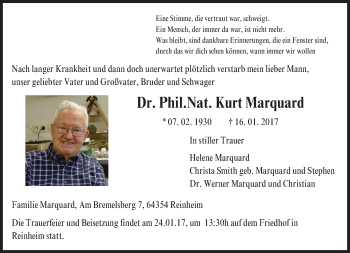 Traueranzeige von Kurt Marquard von Trauerportal Echo Online