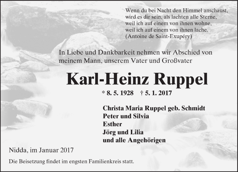  Traueranzeige für Karl-Heinz Ruppel vom 11.01.2017 aus  Kreisanzeiger