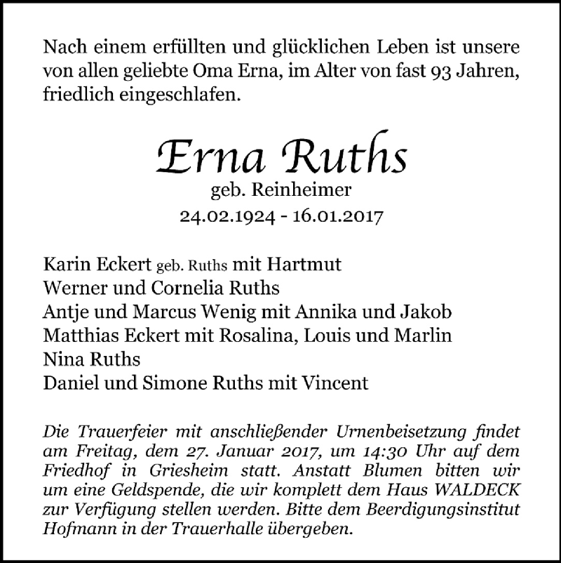  Traueranzeige für Erna Ruths vom 21.01.2017 aus Trauerportal Echo Online