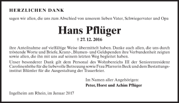 Traueranzeige von Hans Pflüger von Trauerportal Rhein Main Presse