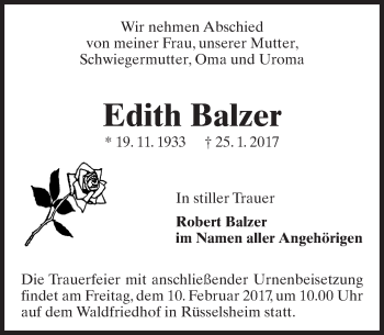 Traueranzeige von Edith Balzer von Trauerportal Rhein Main Presse