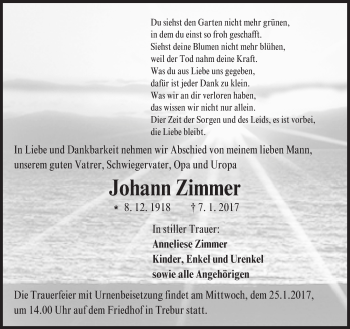 Traueranzeige von Johann Zimmer von Trauerportal Echo Online
