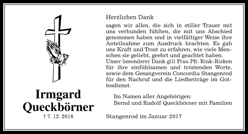  Traueranzeige für Irmgard Queckbörner vom 07.01.2017 aus  Gießener Anzeiger
