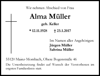 Traueranzeige von Alma Müller von Trauerportal Rhein Main Presse