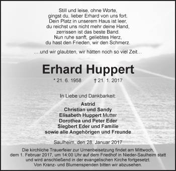 Traueranzeige von Erhard Huppert von Trauerportal Rhein Main Presse