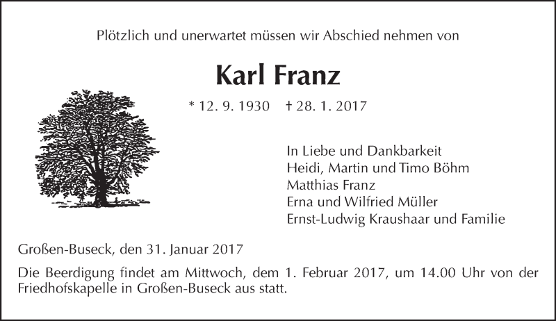  Traueranzeige für Karl Franz vom 31.01.2017 aus  Gießener Anzeiger