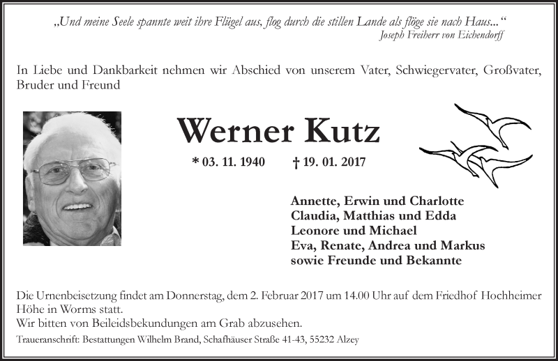  Traueranzeige für Werner Kutz vom 28.01.2017 aus Trauerportal Rhein Main Presse