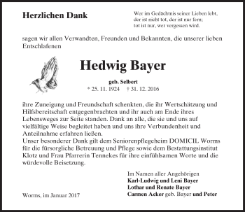 Traueranzeige von Hedwig Bayer von Trauerportal Rhein Main Presse
