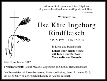 Traueranzeige von Ilse Käte Ingeborg Rindfleisch von VRM Trauer