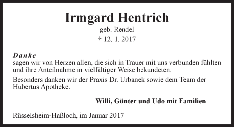  Traueranzeige für Irmgard Hentrich vom 21.01.2017 aus Trauerportal Rhein Main Presse