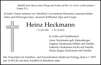Traueranzeige von Heinz Heckmann von Trauerportal Echo Online