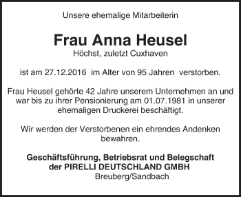 Traueranzeige von Anna Heusel von Trauerportal Echo Online