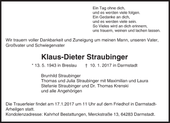 Traueranzeige von Klaus-Dieter Straubinger von Trauerportal Echo Online