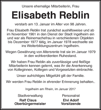 Traueranzeige von Elisabeth Reblin von Trauerportal Rhein Main Presse