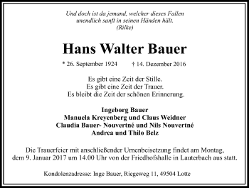 Traueranzeige von Hans Walter Bauer von VRM Trauer
