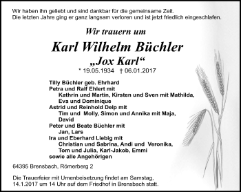 Traueranzeige von Karl Wilhelm Büchler von Trauerportal Echo Online