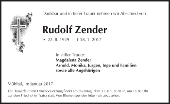 Traueranzeige von Rudolf Zender von Trauerportal Echo Online