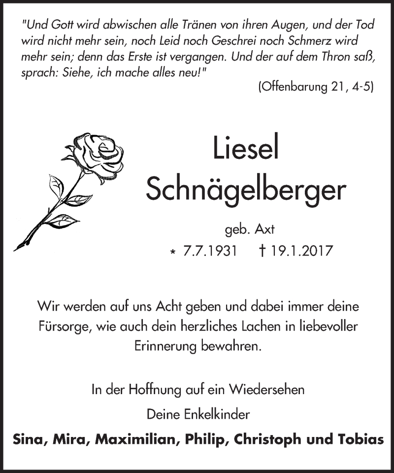  Traueranzeige für Liesel Schnägelberger vom 28.01.2017 aus Trauerportal Echo Online