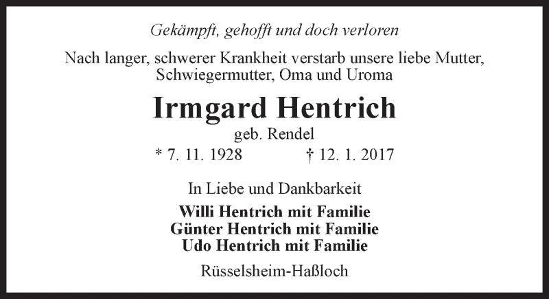  Traueranzeige für Irmgard Hentrich vom 14.01.2017 aus Trauerportal Rhein Main Presse