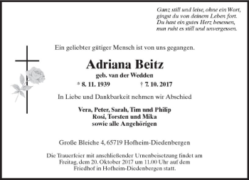 Traueranzeige von Adriana Beitz von Trauerportal Rhein Main Presse