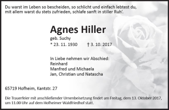 Traueranzeige von Agnes Hiller von Trauerportal Rhein Main Presse