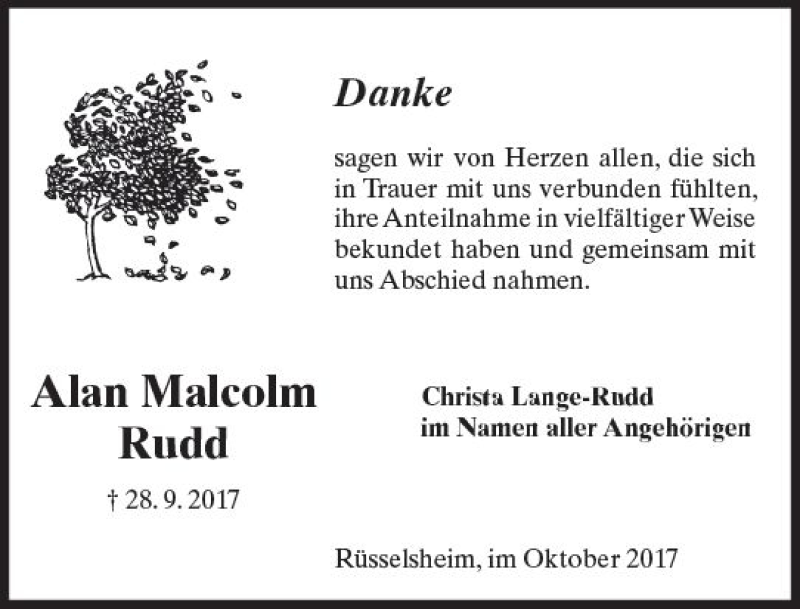  Traueranzeige für Alan Malcolm Rudd vom 26.10.2017 aus Trauerportal Rhein Main Presse