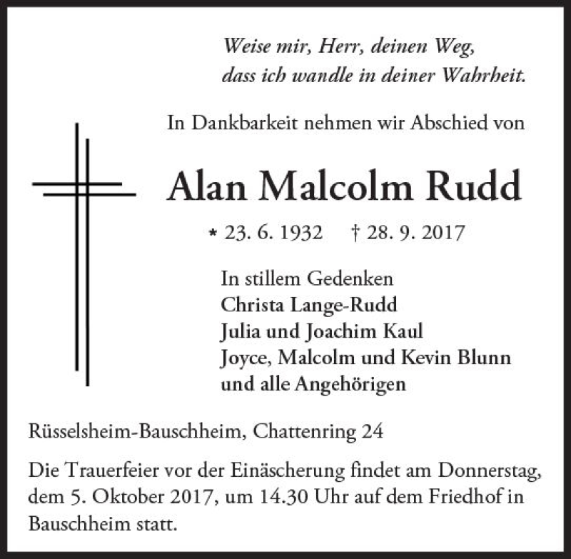  Traueranzeige für Alan Malcolm Rudd vom 04.10.2017 aus Trauerportal Rhein Main Presse