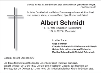 Traueranzeige von Albert Schmidt von  Kreisanzeiger