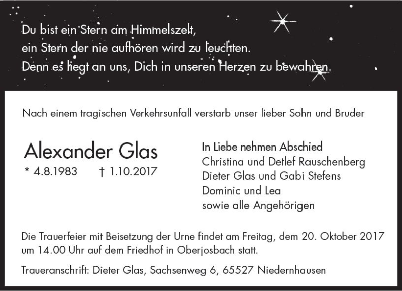  Traueranzeige für Alexander Glas vom 14.10.2017 aus Trauerportal Rhein Main Presse