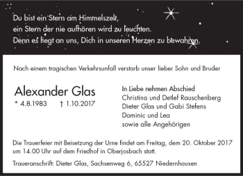 Traueranzeige von Alexander Glas von Trauerportal Rhein Main Presse