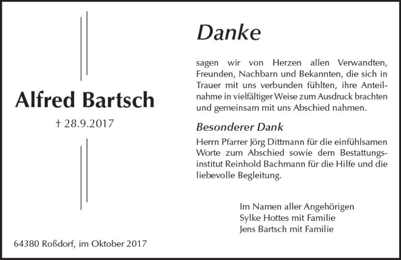  Traueranzeige für Alfred Bartsch vom 14.10.2017 aus Trauerportal Echo Online