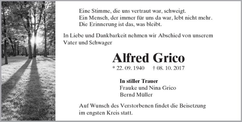  Traueranzeige für Alfred Grico vom 14.10.2017 aus Trauerportal Echo Online