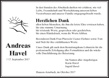 Traueranzeige von Andreas Havel von  Usinger Anzeiger