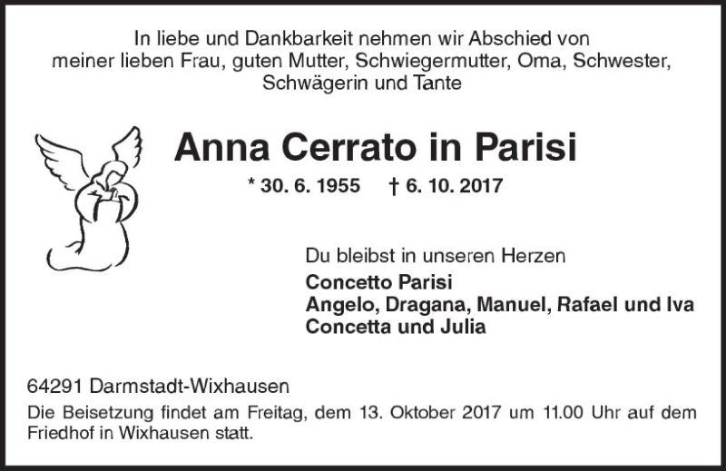  Traueranzeige für Anna Cerrato in Parisi vom 10.10.2017 aus Trauerportal Echo Online