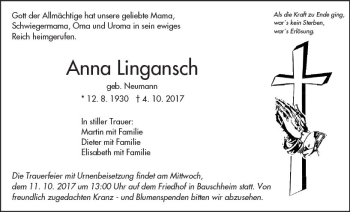 Traueranzeige von Anna Lingansch von Trauerportal Rhein Main Presse